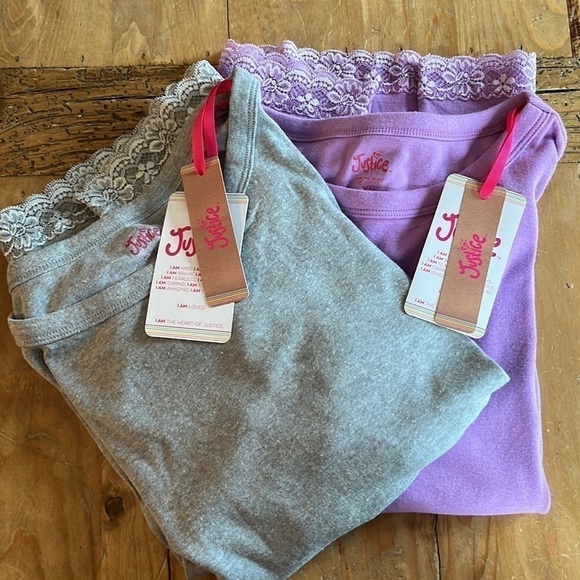 NWT Justice Long Sleeve Lace Hem Rib Tee Set of 2 Gray & Lilac XL 16/18 - Picture 1 of 11
